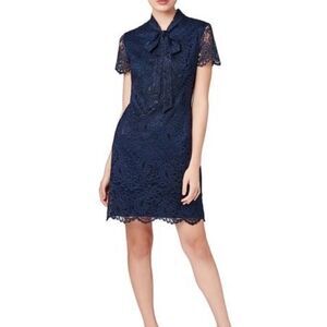 Betsey Johnson Size 12 Navy Blue Lace Necktie Bow Sheath Dress
